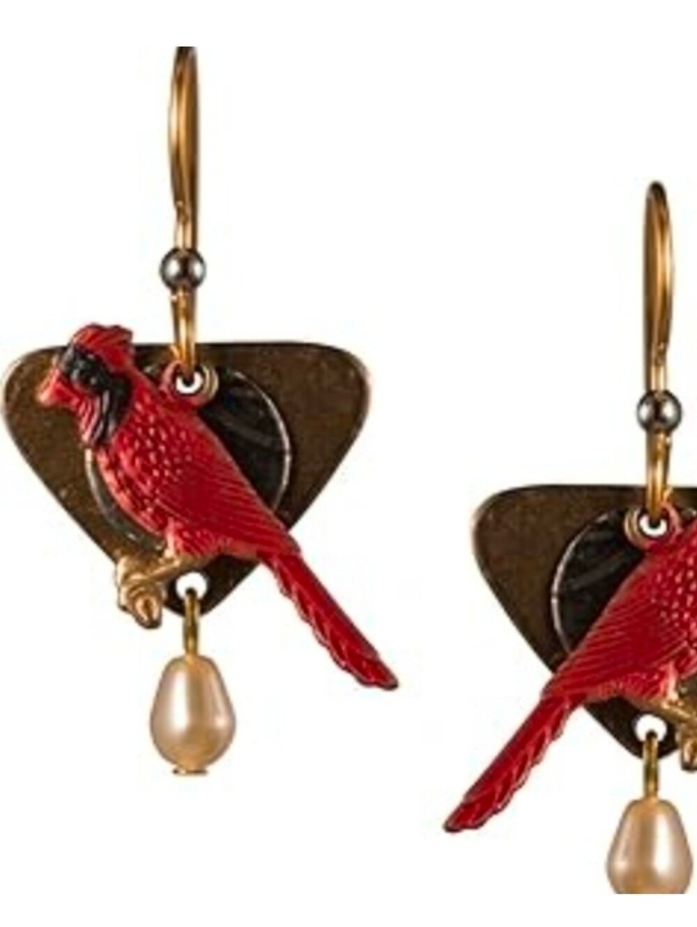 Red Cardinal Pearl Triangle Hammered Textured Earrings Bead Gold-tone